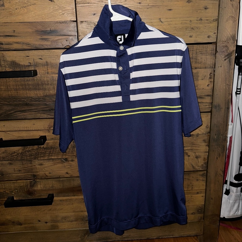 Men’s Footjoy small shirt navy with lime/white stripes